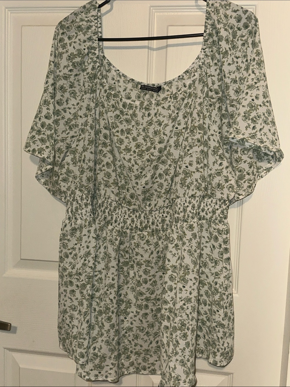 BloomChic White Floral Blouse with Green Print